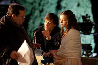 Director Carlo Carlei, Hailee Steinfeld and Douglas Booth on the set of "Romeo and Juliet."