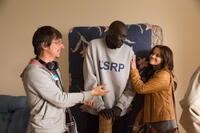 Director Philippe Falardeau, Ger Duany and Reese Witherspoon on the set of "The Good Lie."