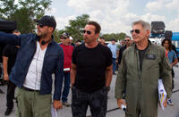Director Patrick Hughes, Arnold Schwarzenegger and Harrison Ford on the set of "The Expendables 3."