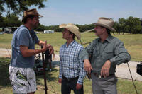 Will Wallace, Glen Powell and Bill Paxton on the set of "Red Wing."