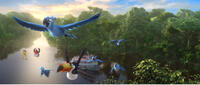 Blu voiced by Jesse Eisenberg, Jewel voiced by Anne Hathaway, Rafael voiced by George Lopez, Nico voiced by Jamie Foxx and Pedro voiced by will.i.am in "Rio 2."