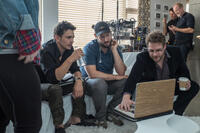 James Franco, Evan Goldberg and Seth Rogen on the set of "The Interview."