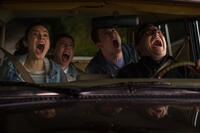 Odeya Rush, Ryan Lee, Dylan Minette and Jack Black star in "Goosebumps."