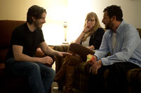 Director Jason Reitman, Producer Helen Estabrook and Adam Sandler on the set of "Men, Women & Children."