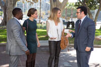 Kevin Hart as Jimmy Callahan, Olivia Thirlby as Alison Palmer, Kaley Cuoco as Gretchen Palmer and Josh Gad as Doug Harris in "The Wedding Ringer."