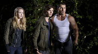 (L-R) Emily Tennant as Brit, Tyler Johnston as Kris and Shawn Roberts as Will in the horror film “FEED THE GODS” an XLrator Media release.  