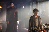 Hugh Jackman as Blackbeard and Levi Miller as Peter in "Pan."