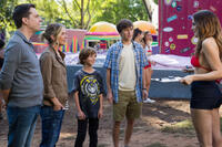 Ed Helms as Rusty Griswold, Christina Applegate as Debbie Griswold, Steele Stebbins as Kevin Griswold and Skyler Gisondo as James Griswold in "Vacation."