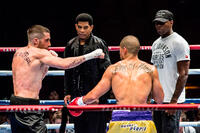 Jake Gyllenhaal, Trainer Terry Claybon, Miguel Gomez and director Antoine Fuqua on the set of "Southpaw."