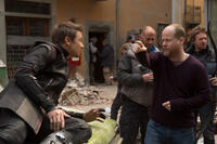 Jeremy Renner and director Joss Whedon on the set of "Avengers: Age of Ultron."