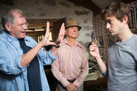 Director Robert Zemeckis, Sir Ben Kingsley and Joseph Gordon-Levitt on the set of "The Walk."