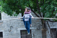 Joseph Gordon-Levitt as Philippe Petit and Charolette Le Bon as Annie in "The Walk."