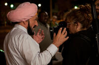Ben Kingsley and Director Isabel Coixet on the set of "Learning to Drive."