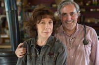 Lily Tomlin and Director Paul Weitz on the set of "Grandma."