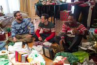 Seth Rogen as Isaac, Joseph Gordon-Levitt as Ethan and Anthony Mackie as Chris Roberts in "The Night Before."