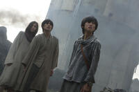 Kiko Mizuhara as Mikasa, Haruma Miura as eren and Kanata Hongo as Armin in "Attack On Titan - Part One."