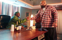 Demetrius Shipp Jr as Tupac Shakur and Dominic L. Santana as Suge Knight in "All Eyez on Me."