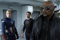 Chris Evans as Steve Rogers, Robert Downey Jr. as Tony Stark and Samuel L. Jackson as Nick Fury in "The Avengers."