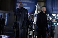 Samuel L. Jackson as Nick Fury and Jeremy Renner as Hawkeye in "The Avengers."