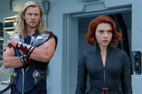 Chris Hemsworth as Thor and Scarlett Johansson as Natasha Romanova/Black Widow in "The Avengers."