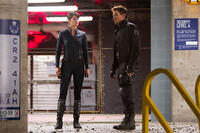 Cobie Smulders as Agent Maria Hill and Jeremy Renner as Hawkeye in "The Avengers."