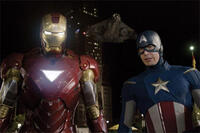 Robert Downey Jr. as Iron Man and Chris Evans as Captain America in "The Avengers."