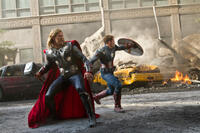 Chris Hemsworth as Thor and Chris Evans as Captain America in "Marvel's The Avengers."