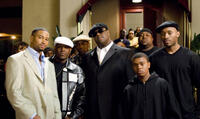 Jamal Woolard as Notorious B.I.G. with his coterie in "Notorious."