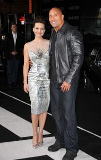 Carla Gugino and Dwayne Johnson at the California premiere of "Faster."