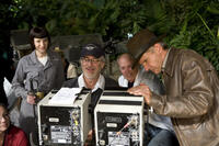Cate Blanchett, director Steven Spielberg, producer Frank Marshall and Harrison Ford on the set of "Indiana Jones and the Kingdom of the Crystal Skull."