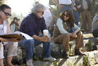 Executive producer George Lucas and Karen Allen on the set of "Indiana Jones and the Kingdom of the Crystal Skull."