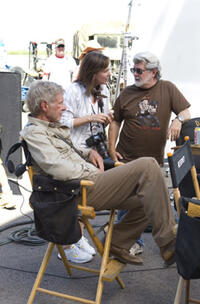 Harrison Ford and executive producers Kathleen Kennedy and George Lucas on the set of "Indiana Jones and the Kingdom of the Crystal Skull." 