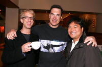 Actors Andy Dick and Patrick Warburton pose with Ken Katsumoto at the L.A. premiere afterparty.