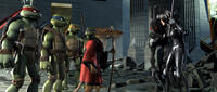 Raphael, Leonardo, Michelangelo, Donatello, Splinter, a Foot Clan Ninja and Karai in "Teenage Mutant Ninja Turtles."