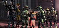 Casey, April, Raphael, Splinter, Leonardo, Michelangelo and Donatello in "Teenage Mutant Ninja Turtles."