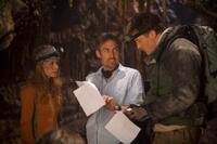 Anita Briem, Director Eric Brevig and Brendan Fraser on the set of "Journey to the Center of the Earth."