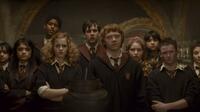 Shefali Chowdhury as Parvati Patil, Afshan Azad as Padma Patil, Alfred Enoch as Dean Thomas, Emma Watson as Hermione Granger, Matthew Lewis as Neville Longbottom, Rupert Grint as Ron Weasley, Jessie Cave as Lavender Brown and Devon Murray as Seamus Finnigan in "Harry Potter and the Half-Blood Prince."