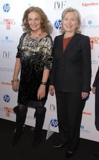Diane von Furstenberg and Hillary Rodham Clinton at the "Women In The World: Stories and Solutions" global summit.