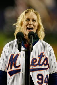 Glenn Close at the Shea Stadium sings the National Anthem before the New York Mets play the St. Louis Cardinals in game seven of the NLCS.