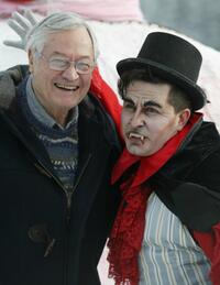Roger Corman with an actor wearing a Dracula costume at a photocall for the "Fantastic" Art film festival.