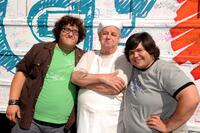 Ari Stidham, Paul Dooley and Harvey Guillen  at the ABC Family "Live Huge" bus campaign.