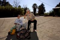 Angie Dickinson and her daughter Nikki Bacharach at the parking lot of the Parkfield Inn hoping to feel aftershocks on September 30, 2004 Parkfield, California.
