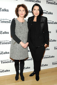 New York Times culture reporter Patti Cohen and Marina Abramovic at the TimesCenter in New York.