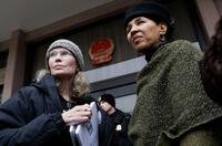 Mia Farrow and Gloria White-Hammond at the rally to protest against the genocide in Darfur.