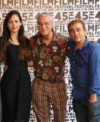 Martina Garcia, producer Luis Minarro and Eduard Fernandez at the press conference of "La Mosquitera" during the 45th Karlovy Vary Film Festival.