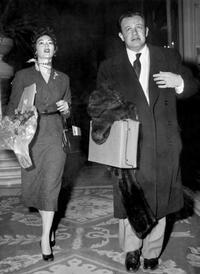 Ava Gardner and Joseph Mankiewicz as they arrive in a lobby of a Rome hotel.