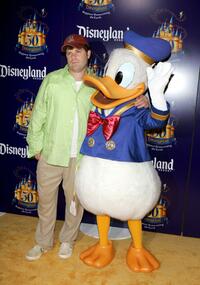 Sean Astin and Donald Duck at the Gold Carpet for the Disneyland 50th Anniversary Celebration.