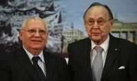 Mikhail Gorbachev and Hans-Dietrich Genscher at the Urania Theater in Berlin.