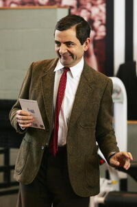 Rowan Atkinson at the Collingwood Magpies AFL gym training session in Australia.