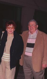 Buddy Hackett and his wife at the memorial service for the late entertainer Steve Allen.